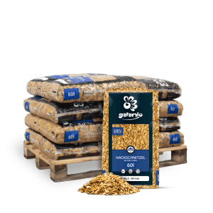 Palette mit 12 Säcken gelber Galamio Holzhackschnitzel 60l. Mulch für Garten, Unkrautschutz & Bodenschutz.