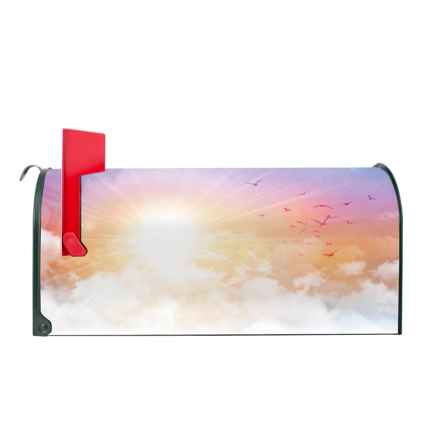 Grüner Banjado US Briefkasten mit Vögel Motiv und roter Fahne.