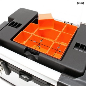 Offener Wiltec Edelstahl Werkzeugkoffer mit orangefarbenen, herausnehmbaren Fächern und Maßen für Organisation.