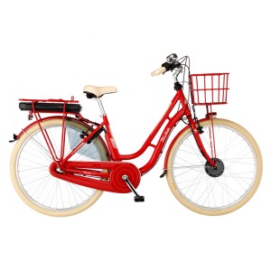 Rotes Fischer Hollandrad E-Bike Cita Retro 2.0 mit Korb vorne.
