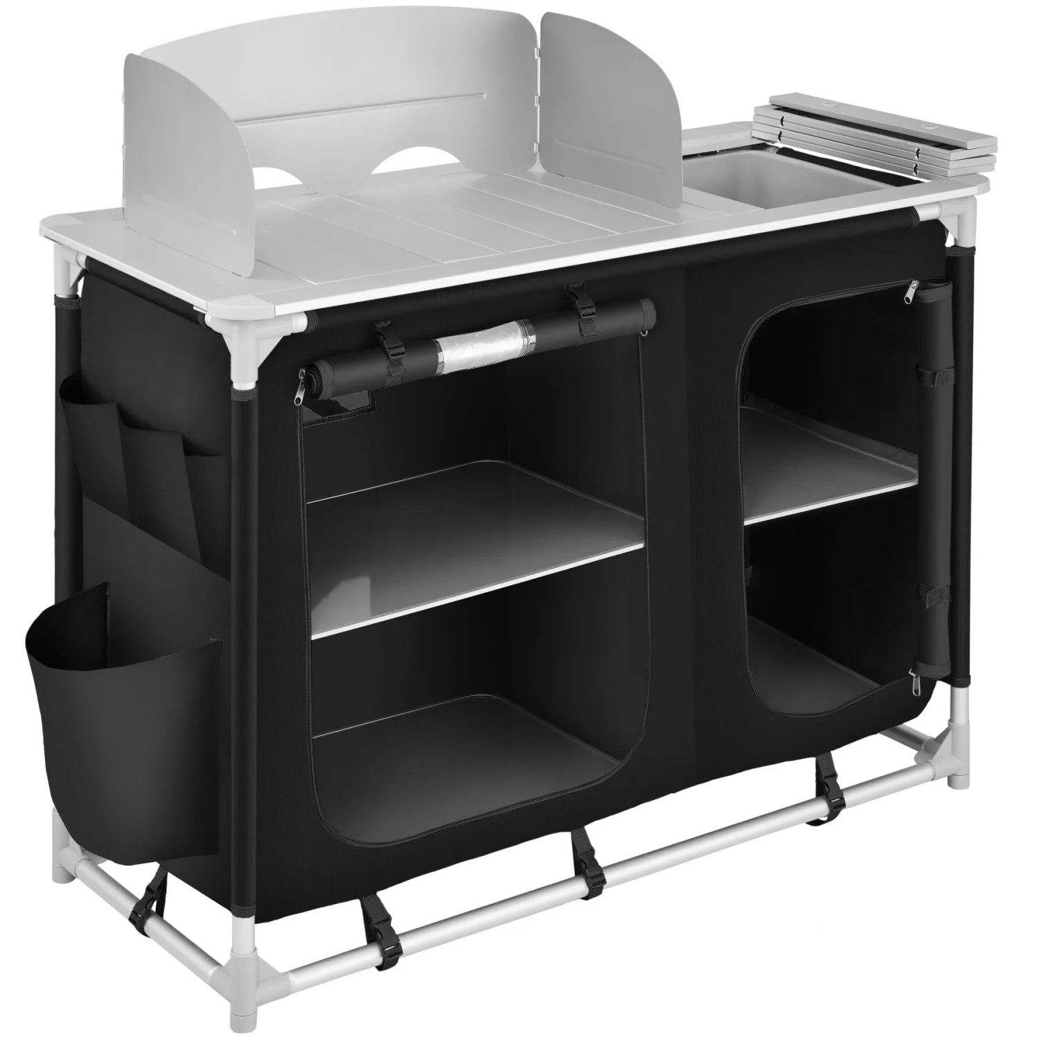 Tectake Campingküche Luxus Mit Aluminiumgestell und 4 Fächern  Faltbar Wetterfest  116 x 52 x 107 cm Schwarz