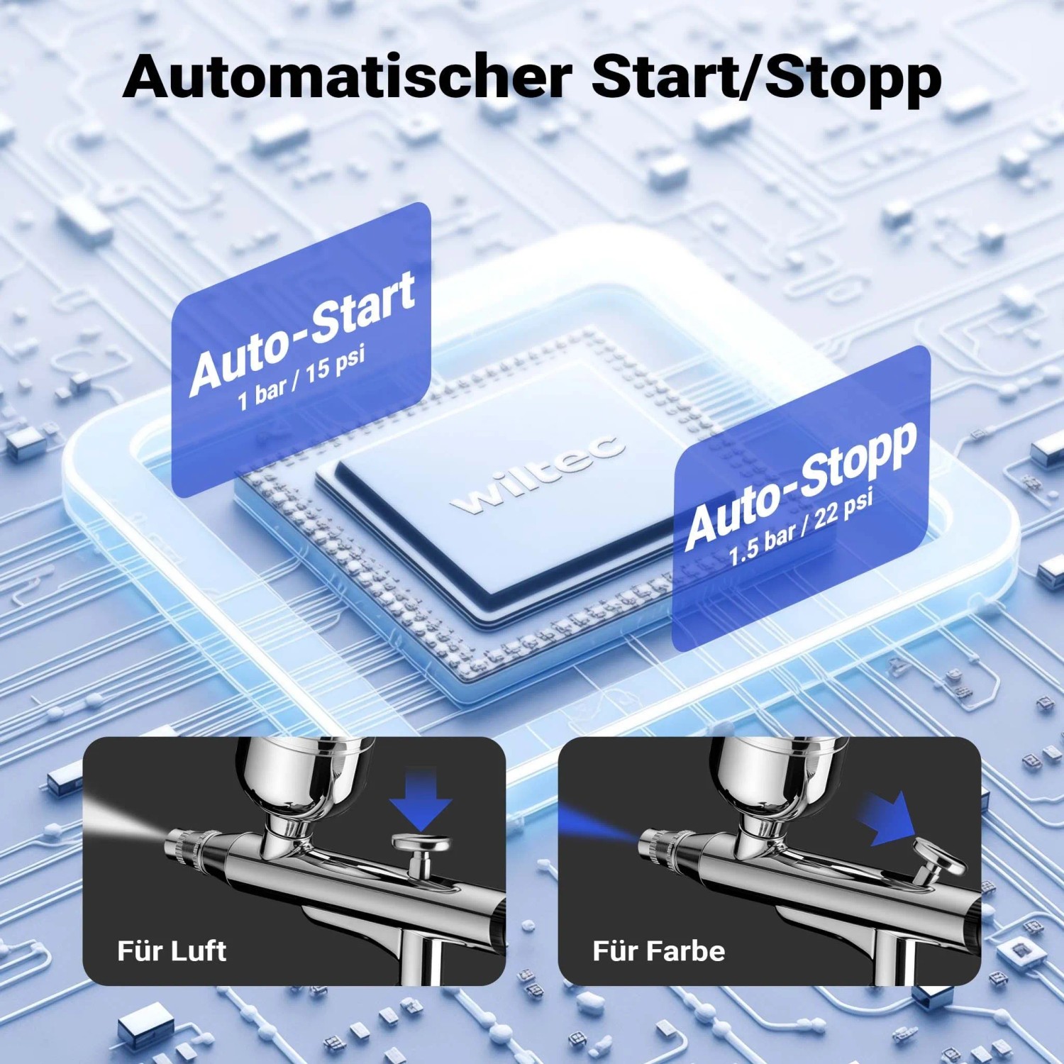Wiltec Airbrush Kompressor Set: Automatische Start/Stopp-Funktion (1/1.5 bar). Airbrushpistole für Luft und Farbe.