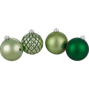 Vier grüne Christbaumkugeln mit unterschiedlichen Oberflächenstrukturen.