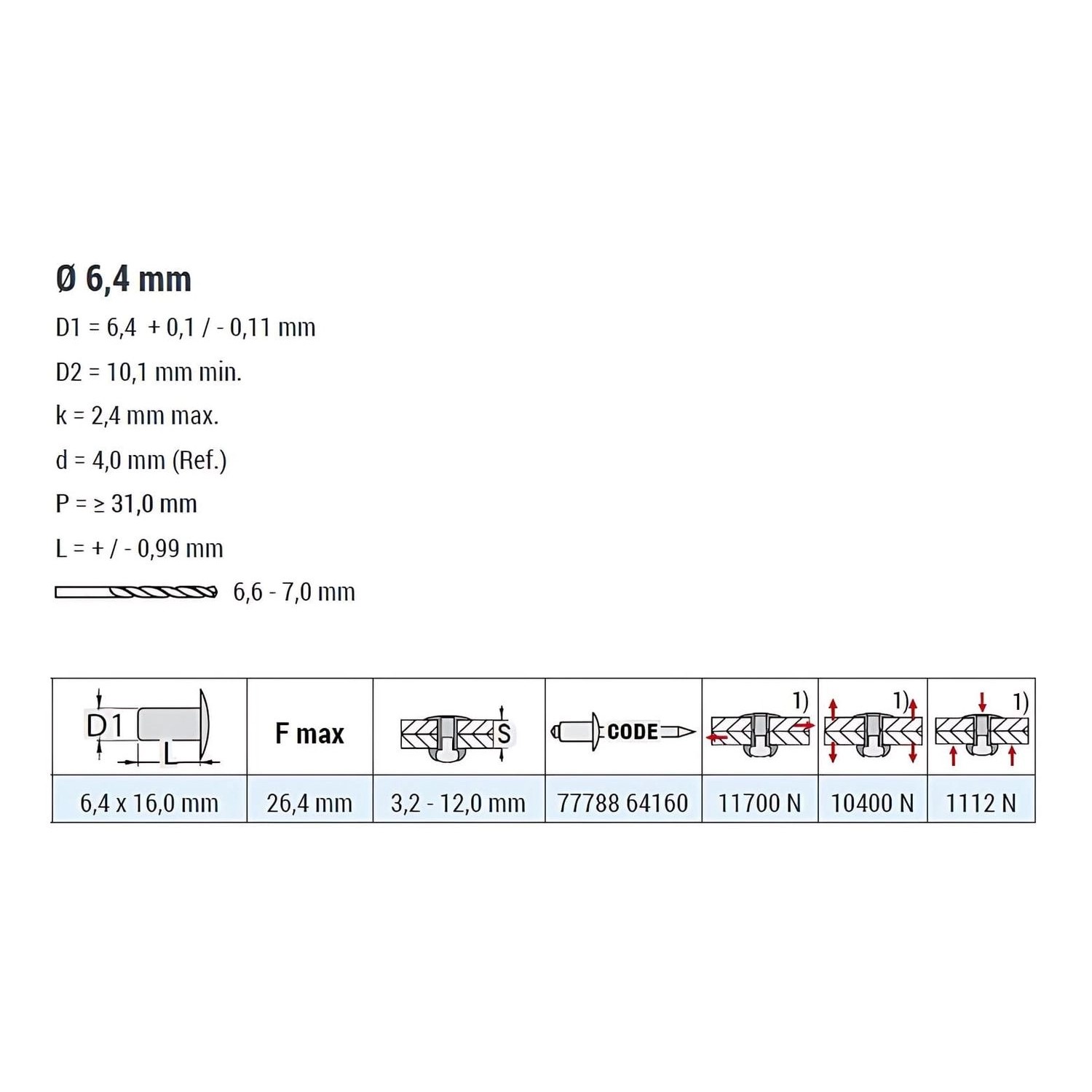 Technische Zeichnung: GOEBEL 250 Hochfeste Blindniete Stahl 6,4 x 16,0 mm Senkkopf M-Lock, Maße und Details.
