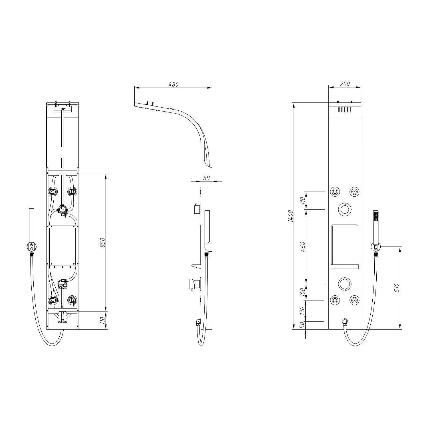 Technische Zeichnung der schwarzen Vente-unique Duschsäule Roana. Front-, Seitenansicht, Hydromassage, Handbrause und Maße.