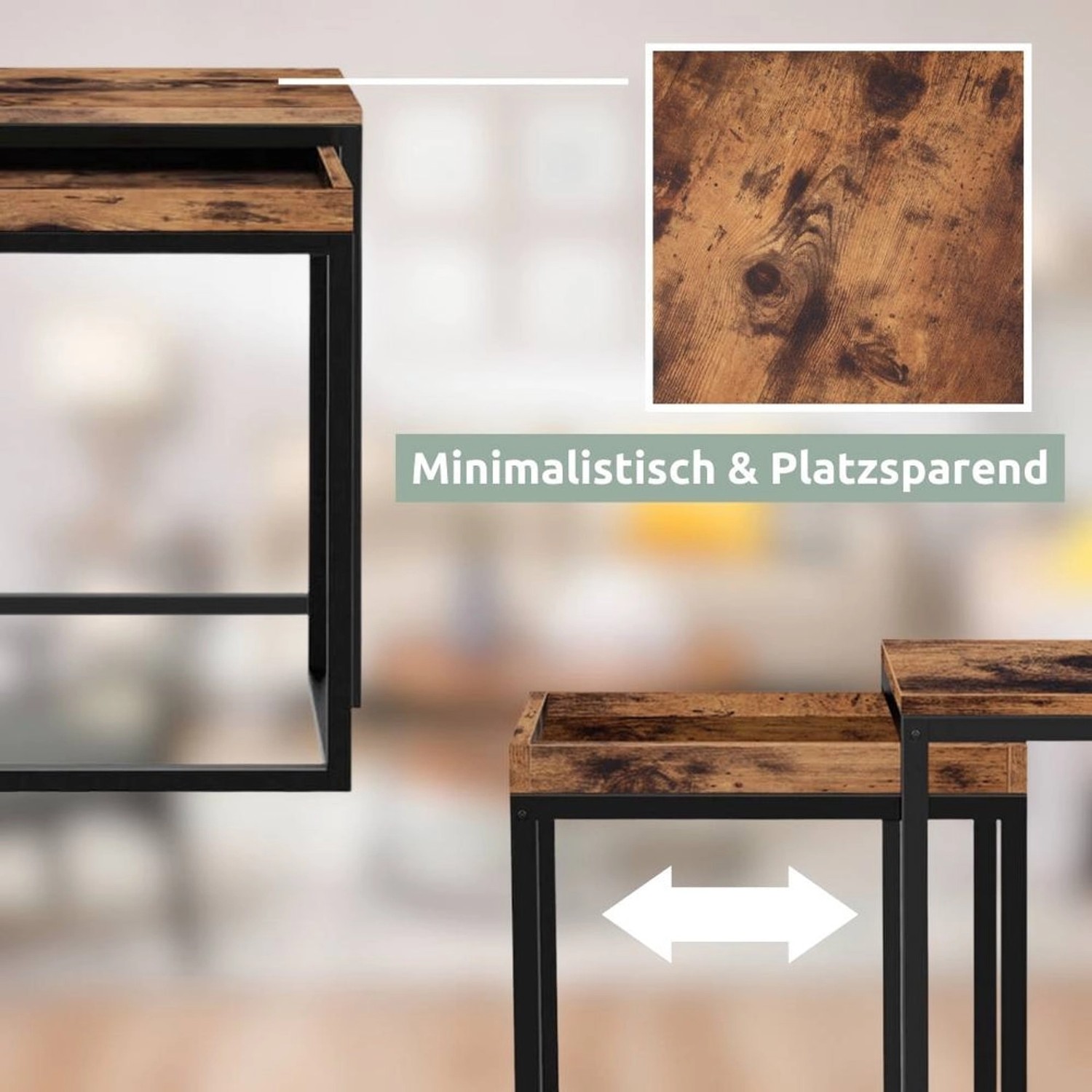 2er Set Couchtische Lannies im Industrie-Stil mit Holz- und Metalloptik.