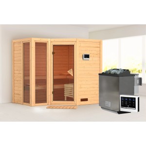 Karibu Sauna Amalia mit Bio-Ofen und externer Steuerung aus naturbelassenem Fichtenholz.