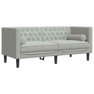 Hellgraues 2-Sitzer Chesterfield Sofa aus Samt mit Nackenrollen.