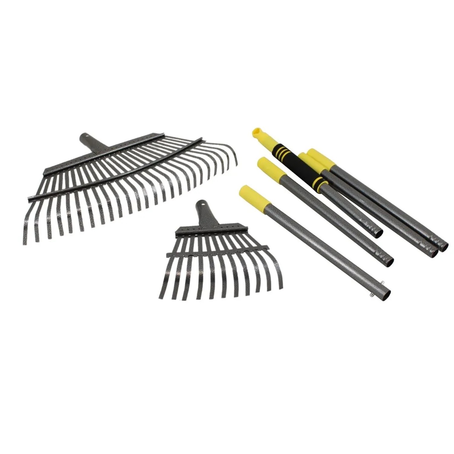 Galaflor 2x Metall Laubrechen mit Stahlstiel Gartenrechen Laubbesen Fächerbesen 21cm & 47cm Rechen