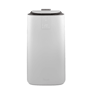 Weißes, mobiles De'Longhi Klimagerät PAC-AP140i mit digitalem Display.