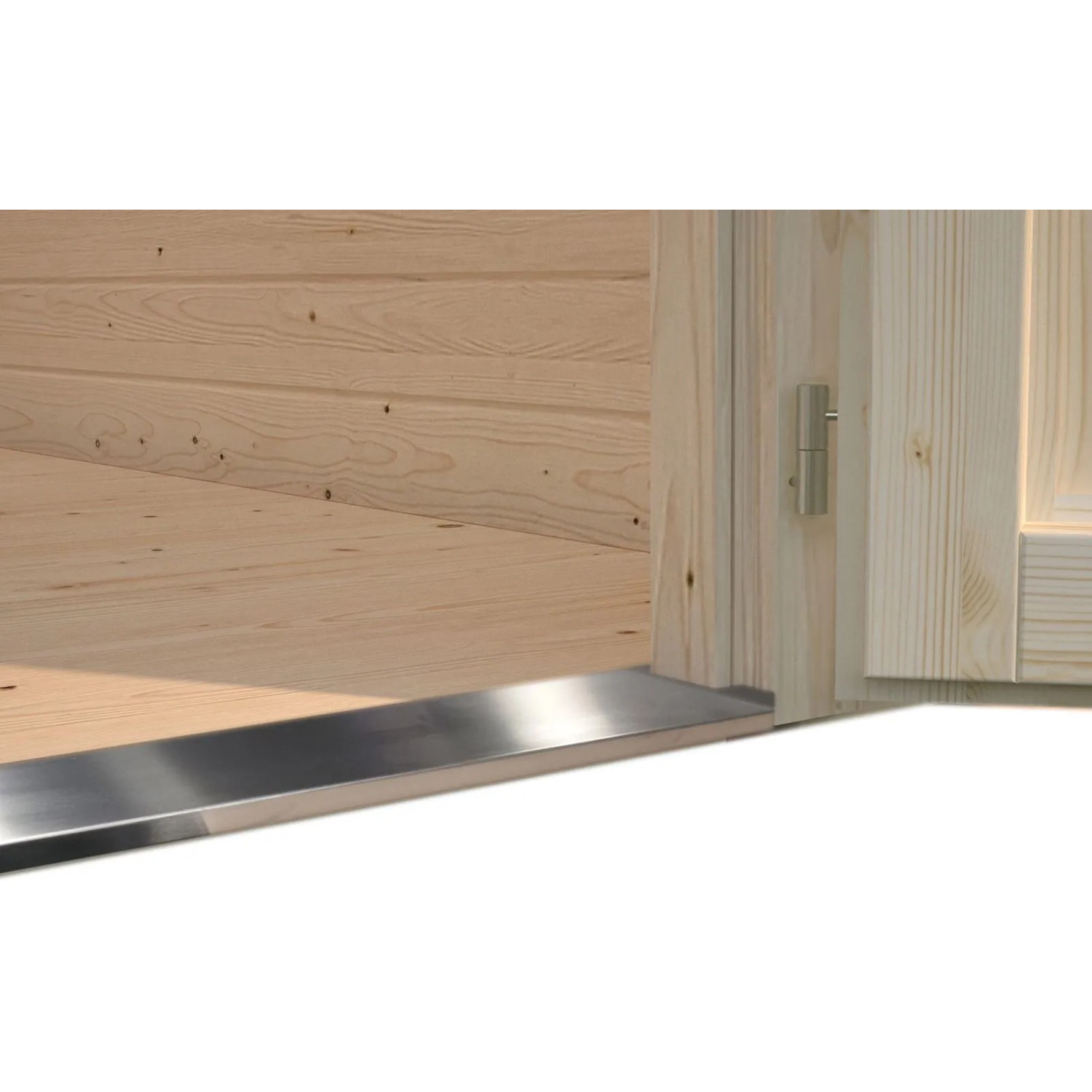 Detailaufnahme: Eingangsbereich Palmako Ella Holz-Gartenhaus, unbehandeltes Holz, Pultdach.