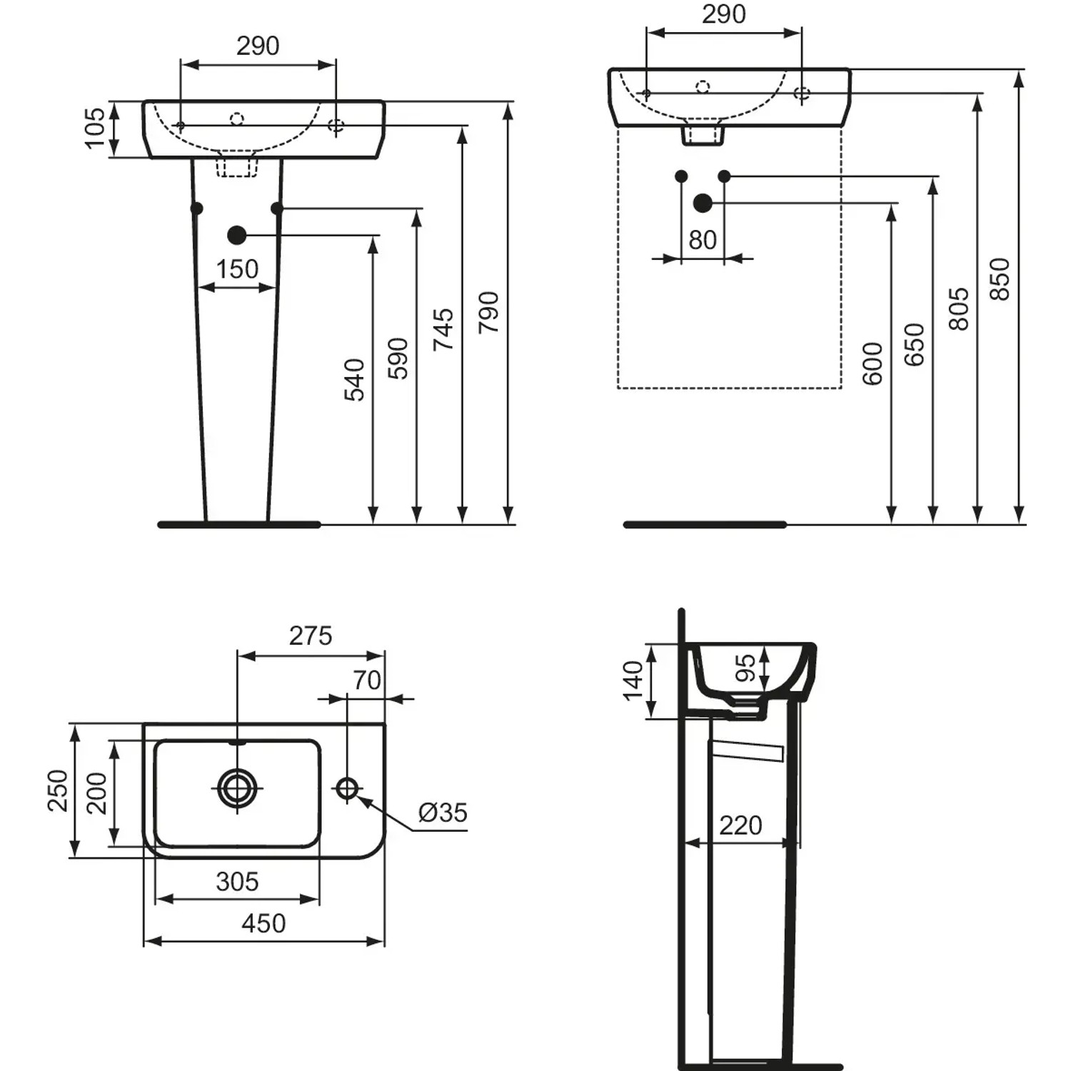 Ideal Standard I.life A Eck-Waschtisch 450mm Weiß - Mit Hahnloch Modernes Design