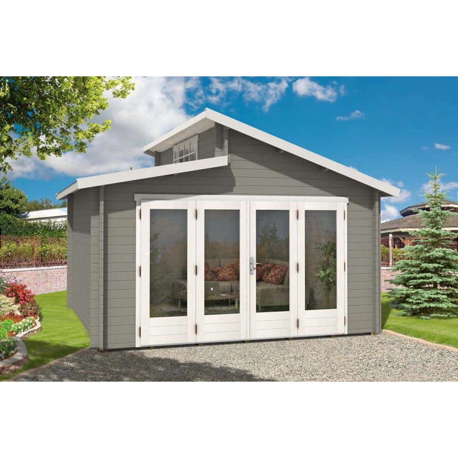 Modernes, hellgraues Alpholz Gartenhaus Lausitz-40 ISO mit Pultdach und großer Fensterfront.