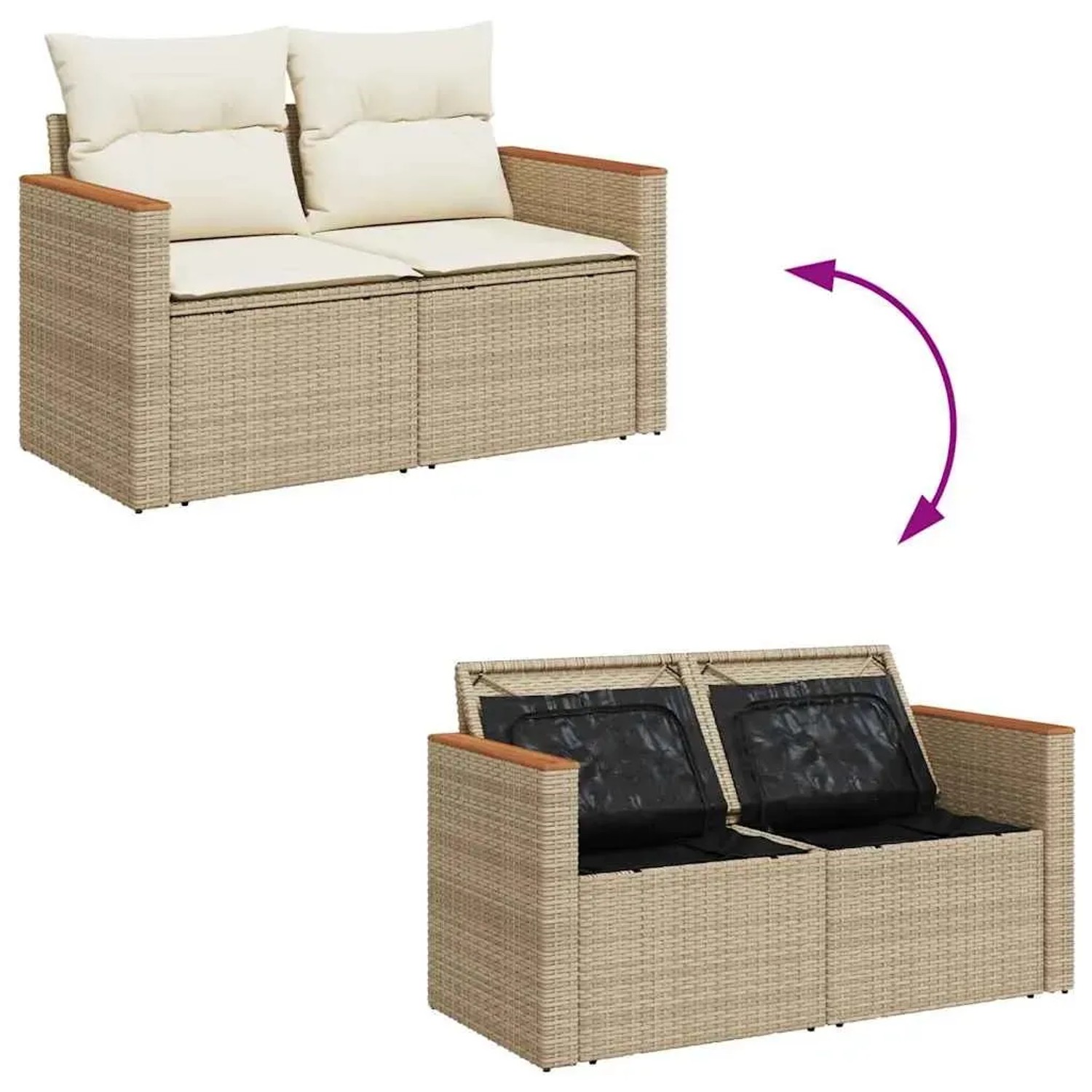 Beige 9-tlg. Garten-Sofagarnitur aus Rattan mit Kissen und Stauraum. Gartenmöbel für Terrasse und Garten.