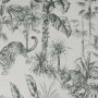 Grüne Vliestapete Zanzibar mit Dschungelmotiv, Leoparden und Palmen.