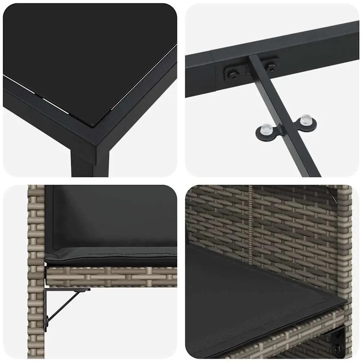 Detailansicht vidaXL Garten-Ess-Set, grau, Poly Rattan, Tischplatte, Stuhl mit Kissen.