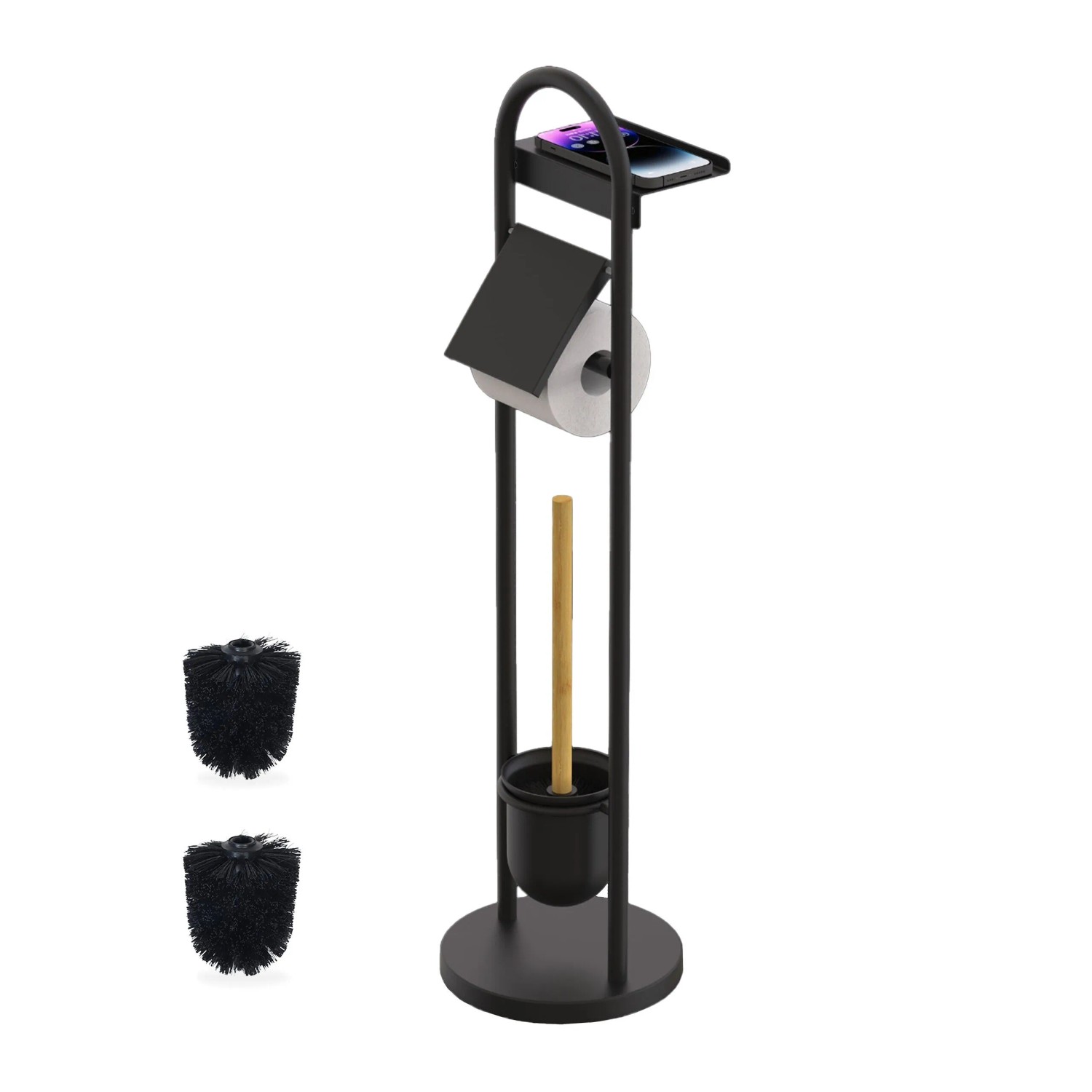 Relaxdays WC Garnitur Metall Bambus Schwarz Freistehend Mit Ablage 79 cm x 21,5 cm x 21,5 cm 2,5 kg