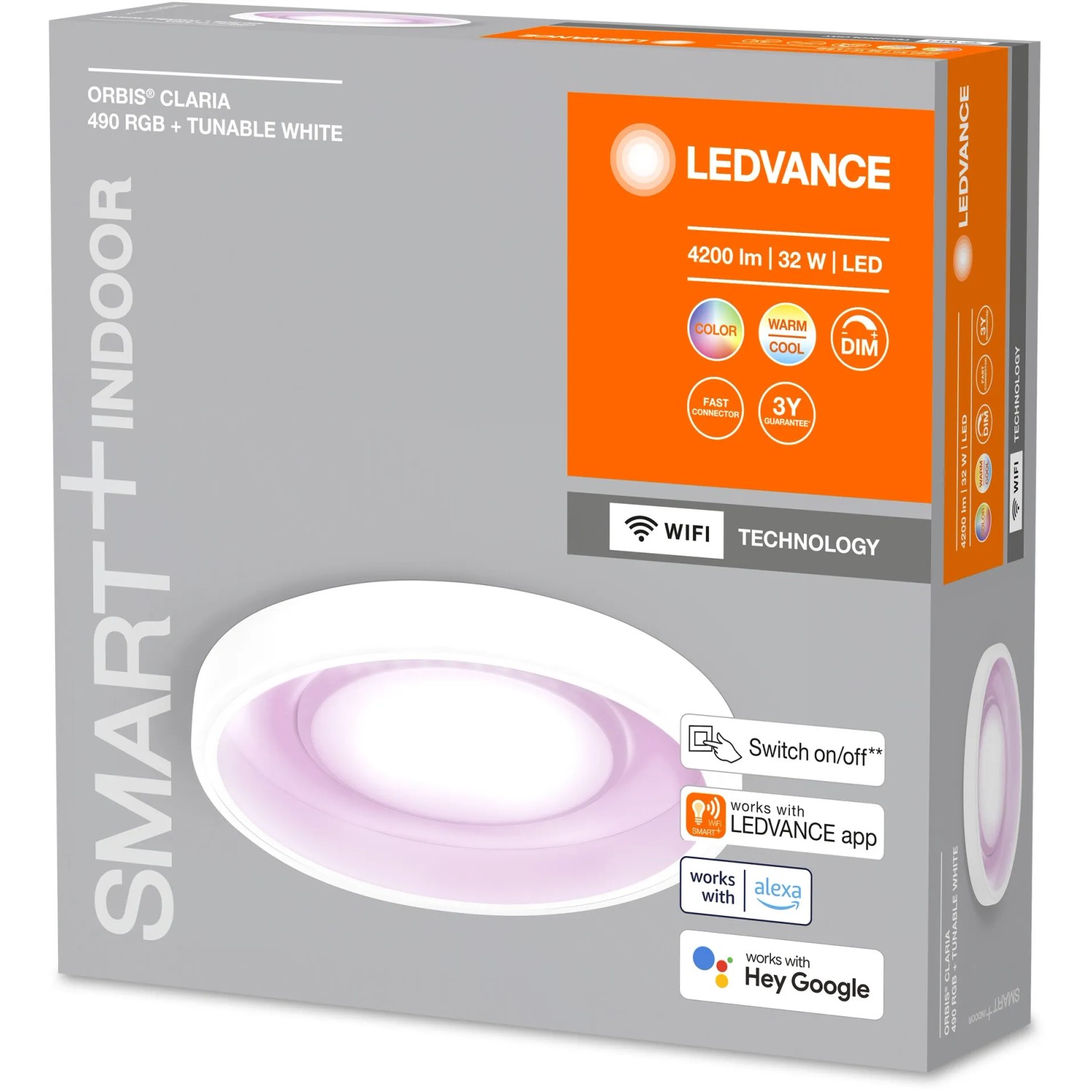 Verpackung der Ledvance Smart+ WiFi Deckenleuchte Orbis Claria RGBTW, Ø 49 cm.