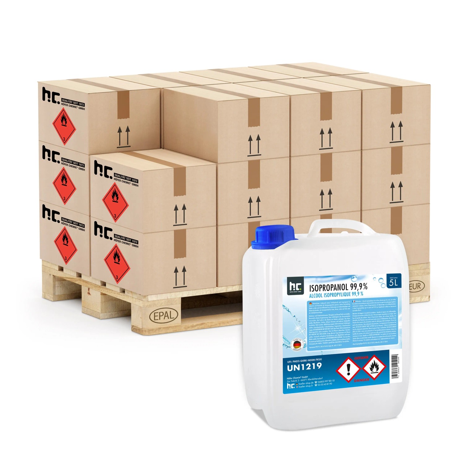 5L Kanister Höfer Chemie Isopropanol 99,9% auf Palette mit Kartons. Reinigungsmittel & Pflegemittel.