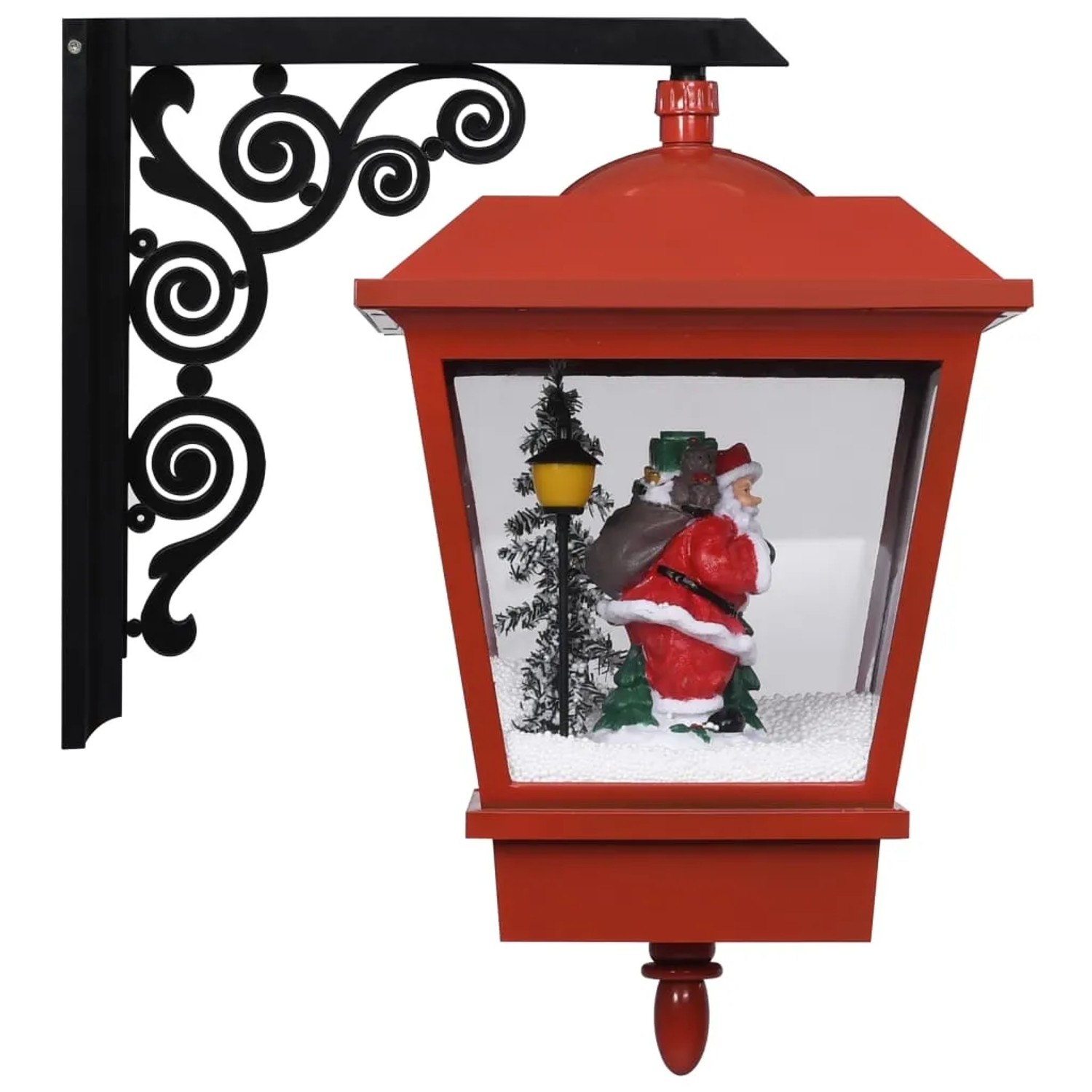 Rote Weihnachts-Wandlaterne mit LED-Licht, Schneefallfunktion, Weihnachtsmann und schwarzer Wandhalterung.
