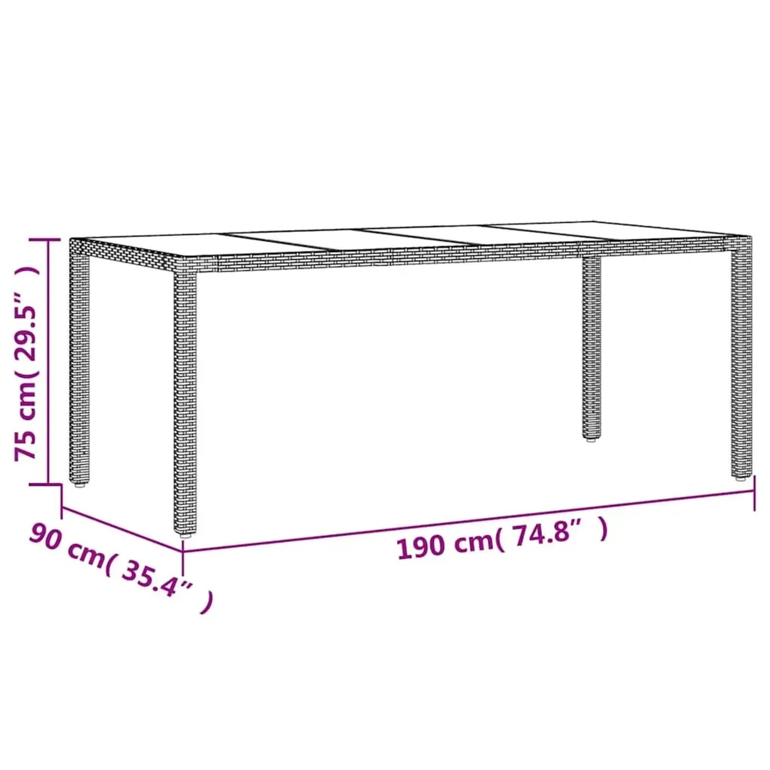 vidaXL Garten-Essgruppe, 7-teilig, schwarz, Poly Rattan, Glas, mit Maßangaben.