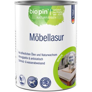 Dose biopin Möbellasur kalkweiß, Holzlasur für Innen, lösemittelfrei und atmungsaktiv.