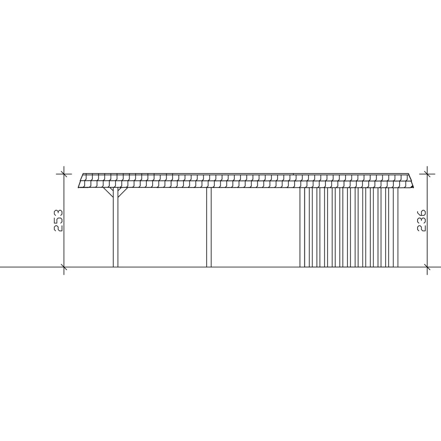 Skizze Skan Holz Doppelcarport Wendland mit Anbau und EPDM-Dach, Blende rot, Seitenansicht mit Maßangaben.