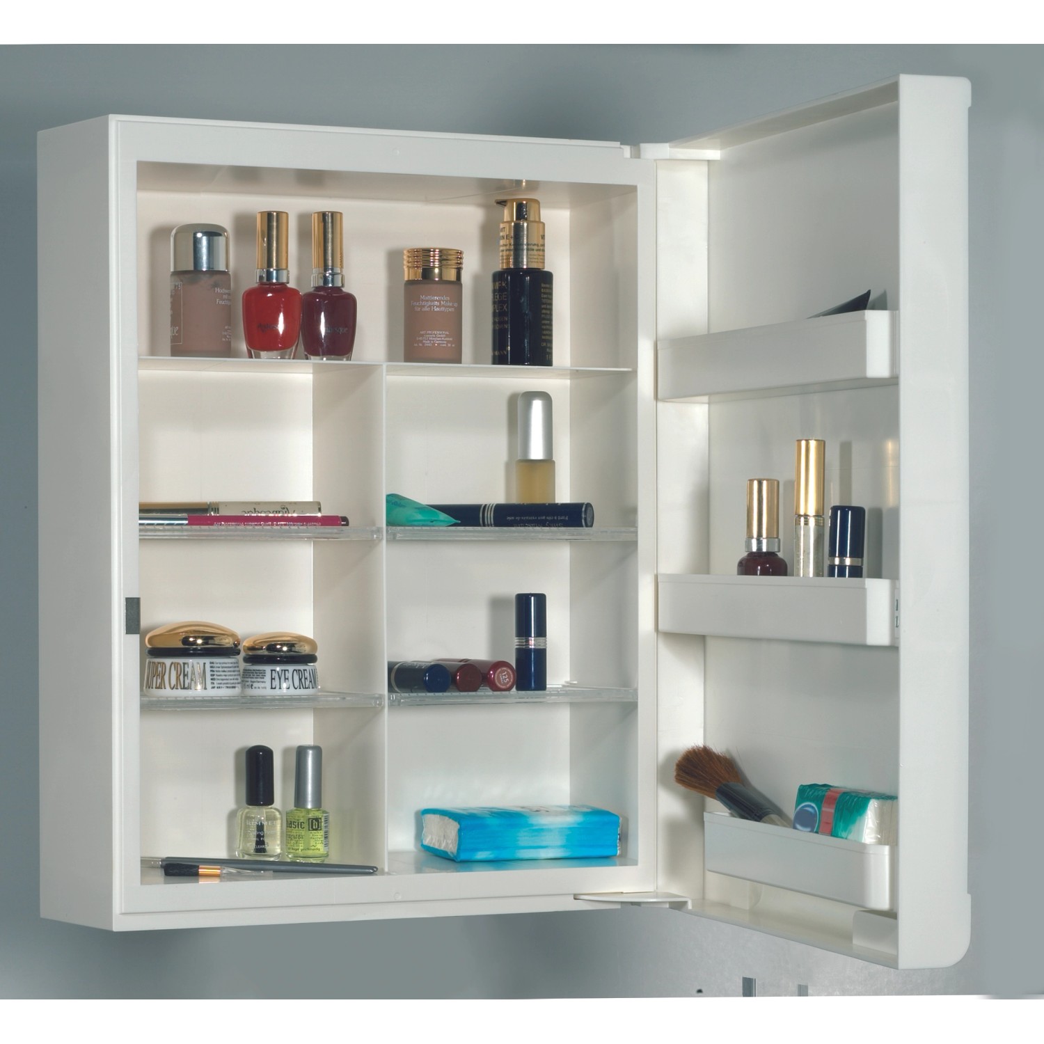 Offener, weißer Sieper Kosmetikschrank mit Spiegeltür und verstellbaren Einlagen.