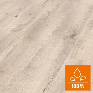 Classen Laminat Oak Creme, wasserfest, helle Holzoptik mit Fugen und 100% Wasserfest-Symbol.