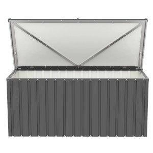Geöffnete, anthrazitfarbene Tepro Universalbox Store Large für Garten und Terrasse.