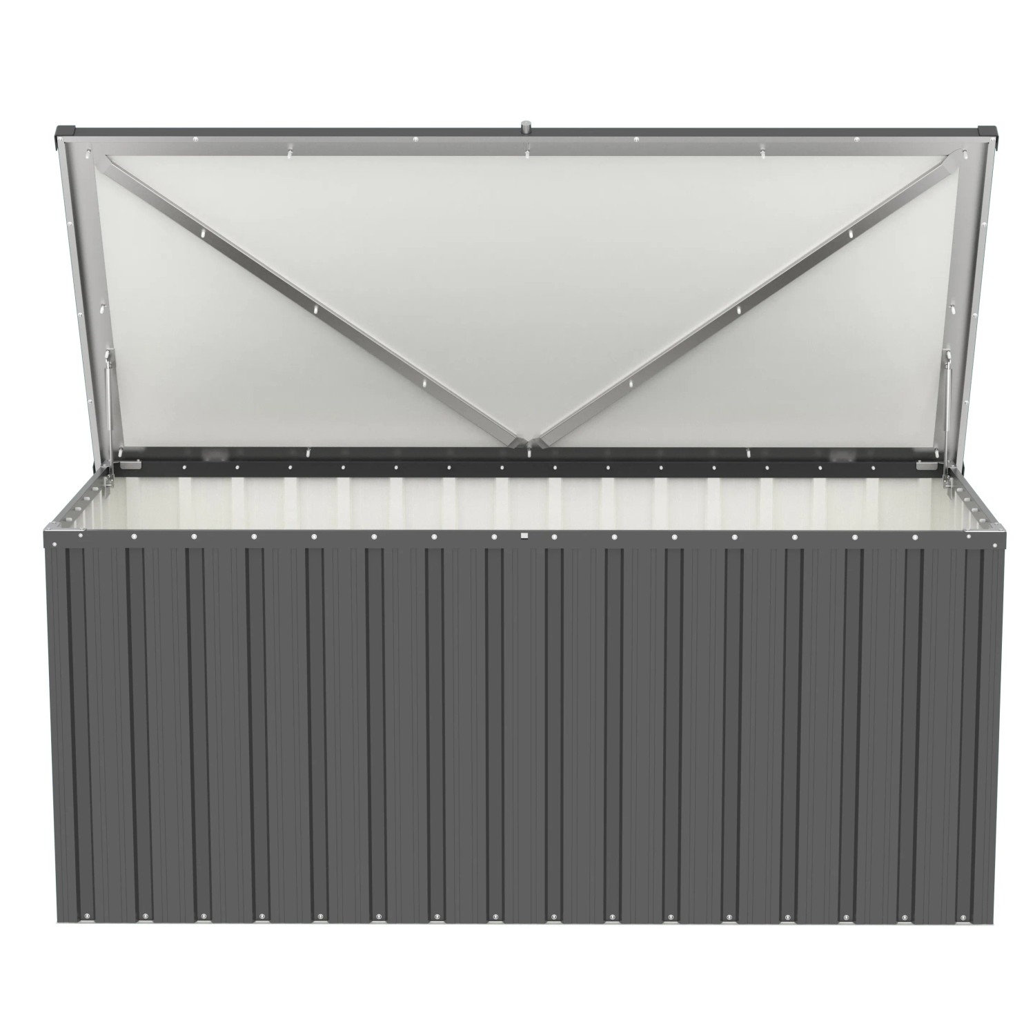 Geöffnete, anthrazitfarbene Tepro Universalbox Store Large für Garten und Terrasse.