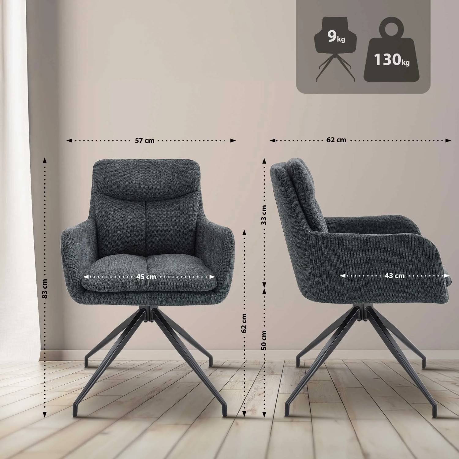 DELUKE Esszimmerstuhl DUTOR Stoff Dunkelgrau 57x62x83cm Essstühle Esszimmerstühle Küchenstühle Wohnzimmerstühle