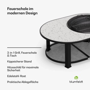 Blumfeldt Merano Circolo L 3-in-1 Feuerschale mit Grill und Tisch, rund, weiß.