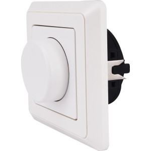 Weißer LED-Dimmer PrimaLuxe mit Rahmen zur Helligkeitsregulierung von Lampen.