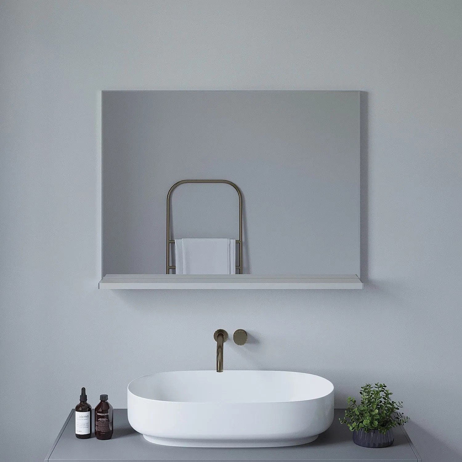 Aquabatos Badspiegel 50x70 cm mit Ablage, rechteckig, Aluminiumrahmen silber matt.