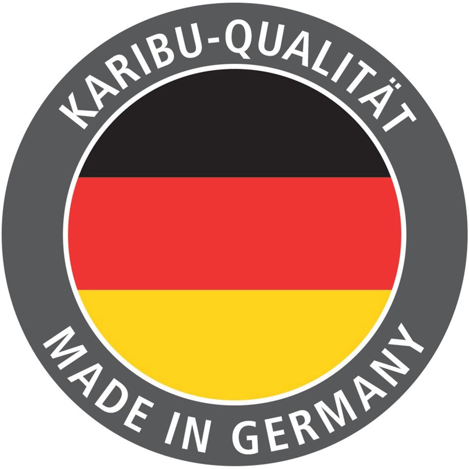 Karibu Qualitätssiegel: Made in Germany mit Deutschlandflagge für Gartenhäuser.
