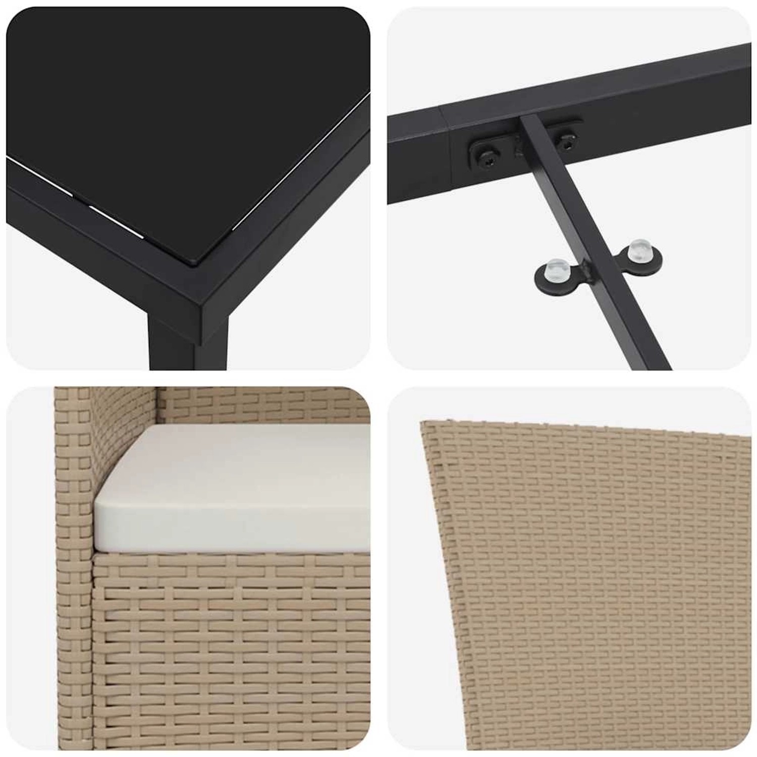 Detailansicht: Beige vidaXL Garten Essgruppe mit Polyrattan, Tischplatte, Stuhlgeflecht und Gestell.