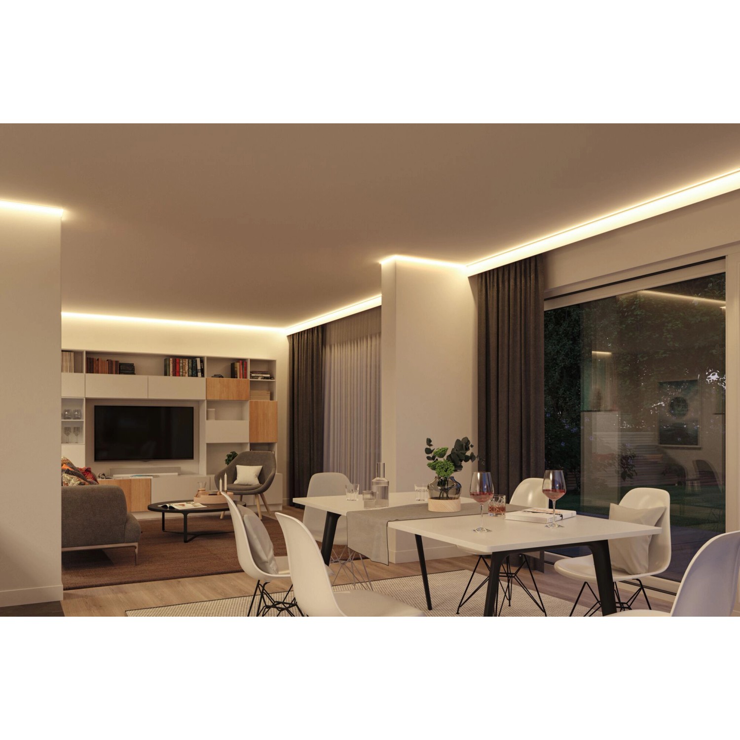 Wohnraum mit indirekter Beleuchtung durch Paulmann LED-Strip RGBW SimpLED an der Decke.