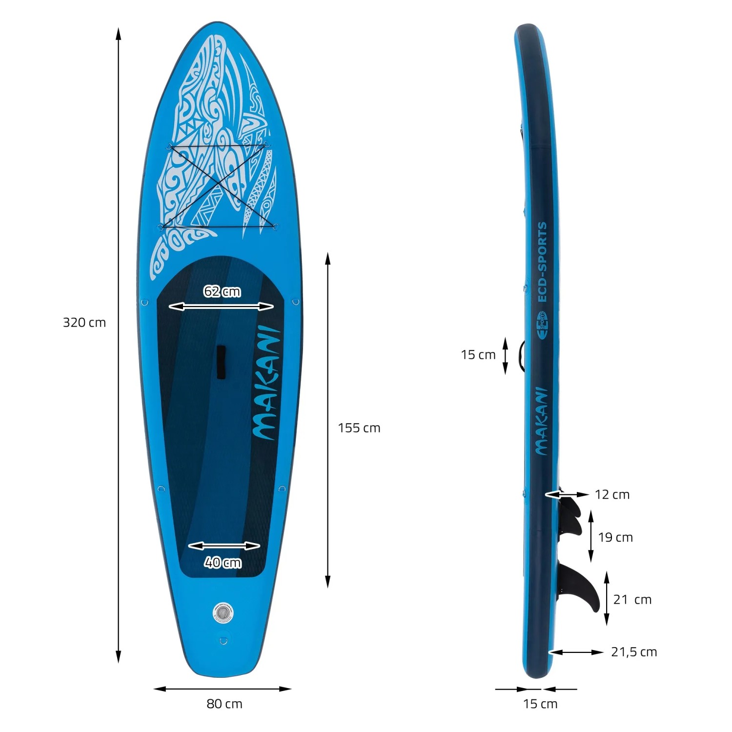 Blaues ECD Germany Stand Up Paddle Board Makani, Maße und Details dargestellt.