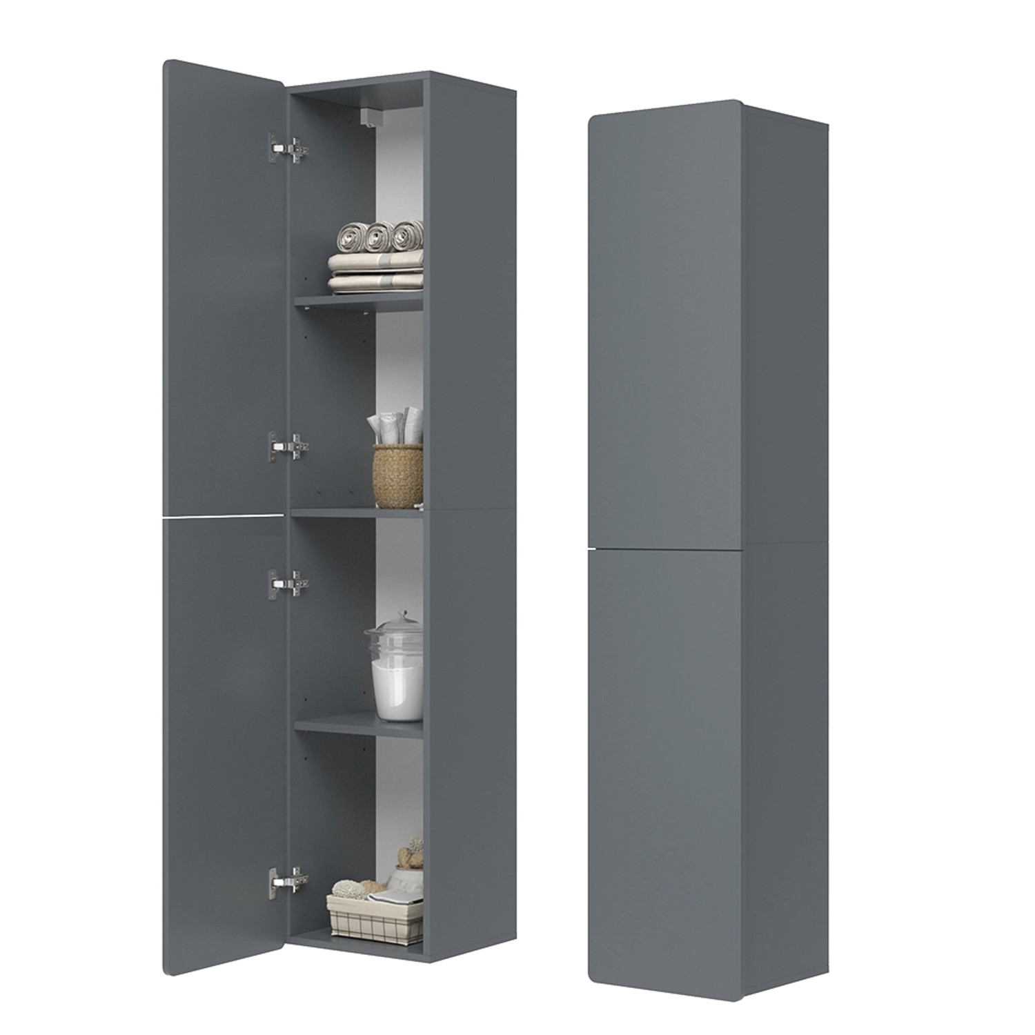 Vicco Badschrank Izan, grau, 172 cm hoch, mit offenen und geschlossenen Fächern für Badutensilien.