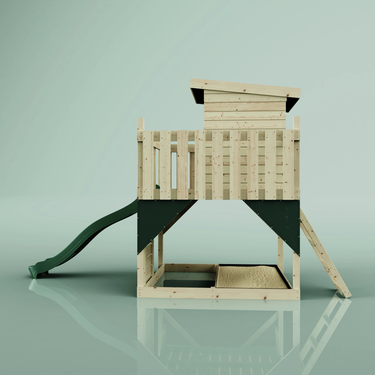 PolarPlay Stelzenhaus Polarlicht, dunkelgrün mit Rutsche und Leiter. Holz-Gartenhaus für Kinder.