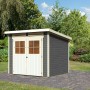 Terragraues Karibu Holz-Gartenhaus Egersund mit Pultdach und Doppeltür vor Gartenkulisse.