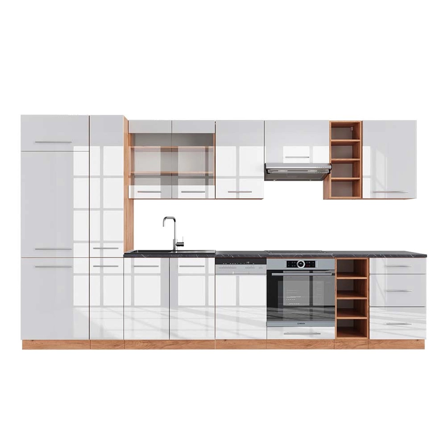 Vicco Fame-Line Küchenzeile Weiß Hochglanz/Goldkraft Eiche 355 cm AP Anthra günstig online kaufen