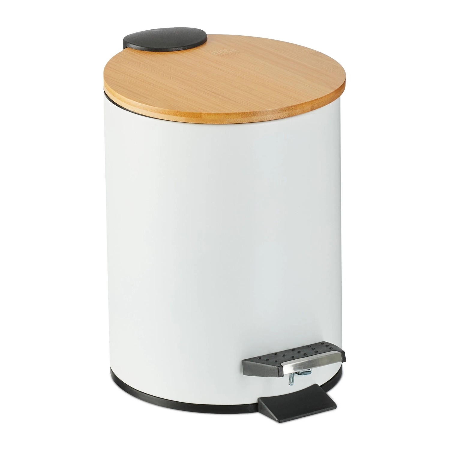 Relaxdays Badmülleimer Eisen Bambus Weiß Rutschfest Soft-Close 22,5 cm x 17 cm x 23 cm 0,6 kg