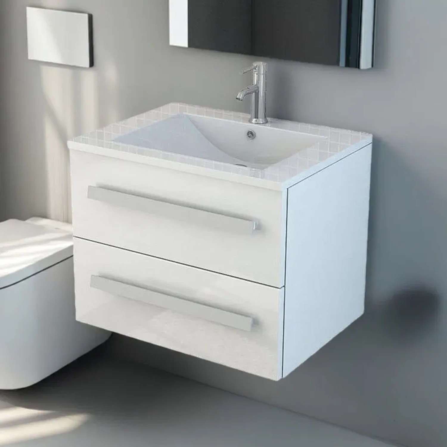 Jet-Line Badmöbel-Set Arosa II, 59cm, Weiß Hochglanz mit Waschbecken und Unterschrank.