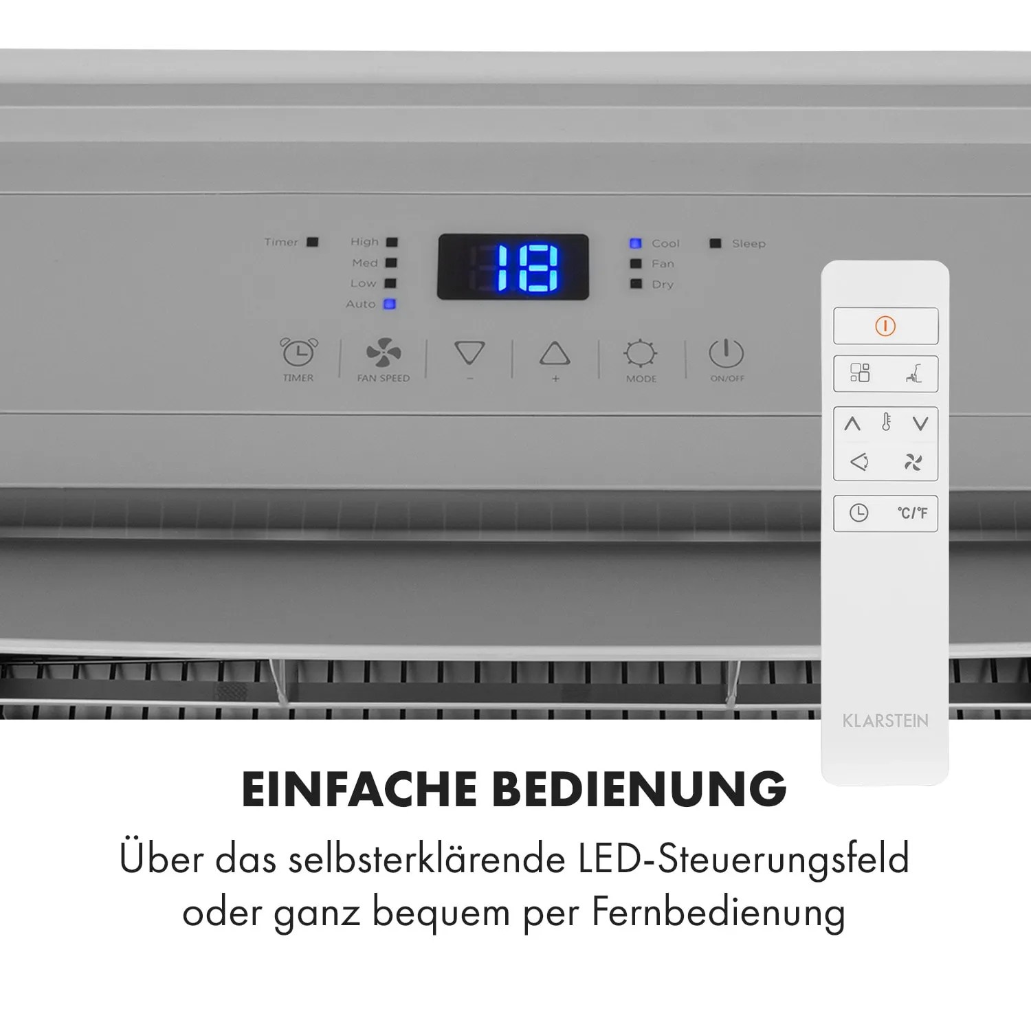 Klarstein Klimaanlage: Bedienfeld mit LED-Display und Fernbedienung für einfache Steuerung.