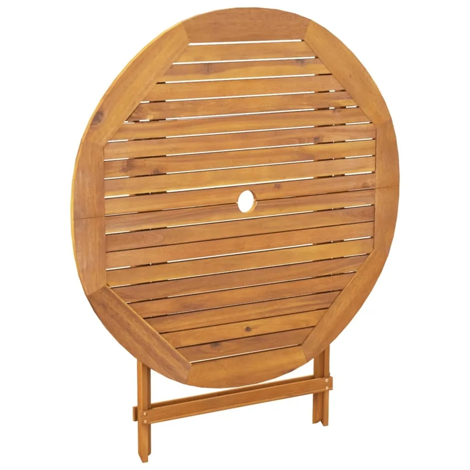 Zusammengeklappter, runder Gartentisch aus Akazienholz mit Sonnenschirmloch, Teil der 5-tlg. Garten-Essgruppe.