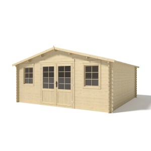 Helles Holz-Gartenhaus DOM612, 25 m², mit Satteldach, Doppeltür und zwei Fenstern aus Fichtenholz.