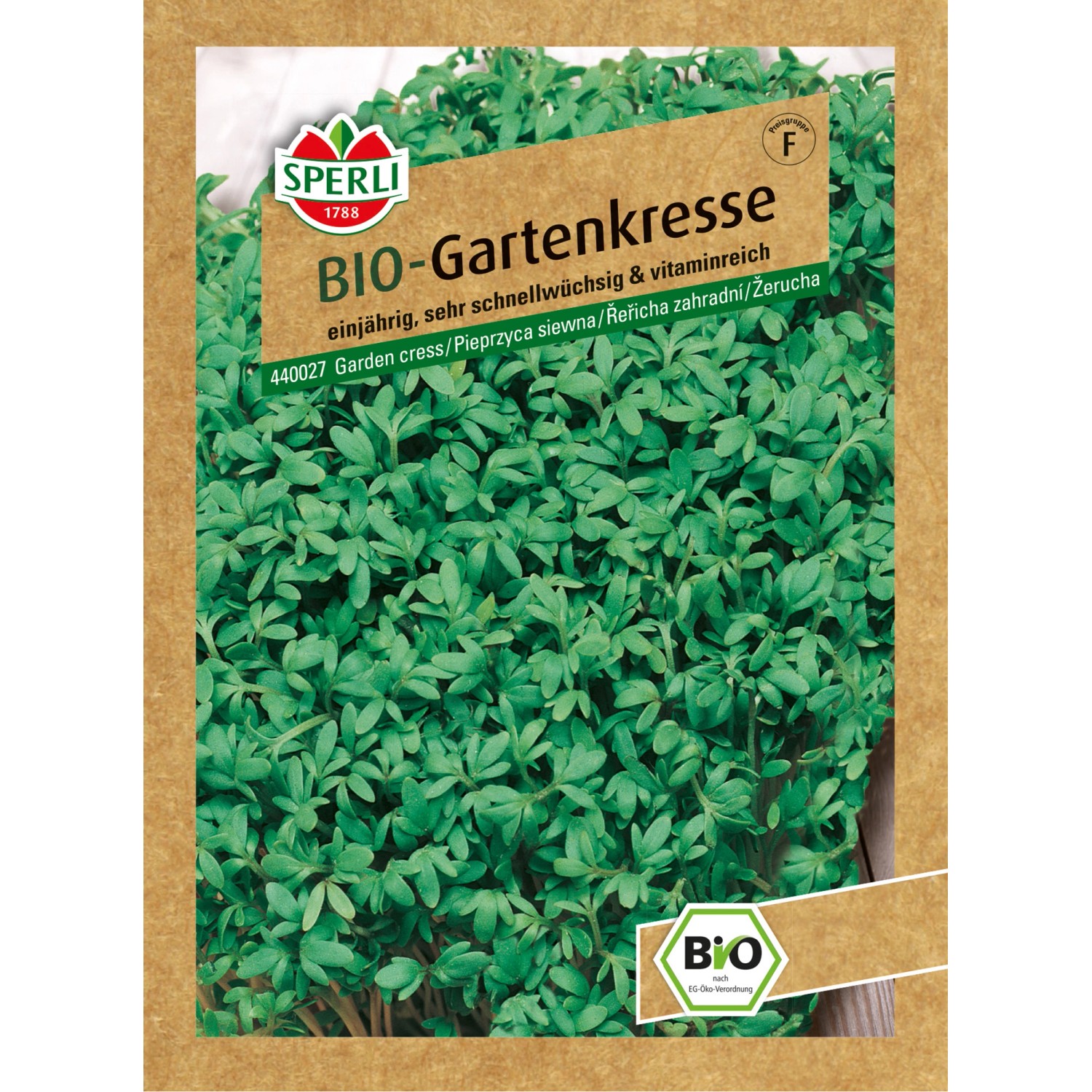 Samenpackung Sperli Bio Gartenkresse mit grünen Kresseblättern.