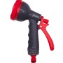 Grau-rote Gartenschlauch-Brause mit 8 Funktionen und rotem Anschlussstück.